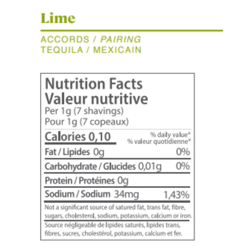 Puede incluir: Etiqueta de informaci&oacute;n nutricional para lima, que muestra 0,10 calor&iacute;as, 0 gramos de grasa, 0,01 gramos de carbohidratos, 0 gramos de prote&iacute;na y 34 miligramos de sodio por porci&oacute;n de 1 gramo. La etiqueta tambi&eacute;n indica que la lima no es una fuente significativa de grasa saturada, grasa trans, fibra, az&uacute;cares, colesterol, sodio, potasio, calcio o hierro.