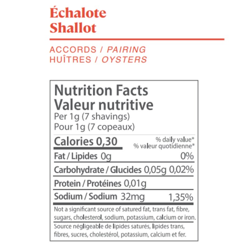 May include: Nutrition facts label for shallots, showing the calories, fat, carbohydrates, protein, and sodium content per 1 gram serving. The label is in both English and French.