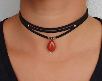 Jasper Choker Necklace Suede Red Stone Boho Stacking Layering stack