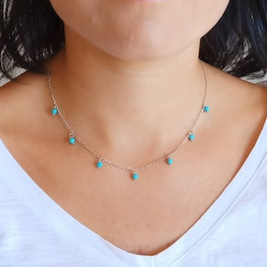 Turquoise Drops Necklace Crystals Choker December Birthstone Chain Boho Silver Stacking Layering