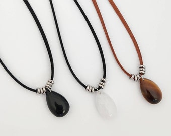 Gemstone Necklace Adjustable Drop-Shaped Natural Crystals Long Necklace Boho Layering