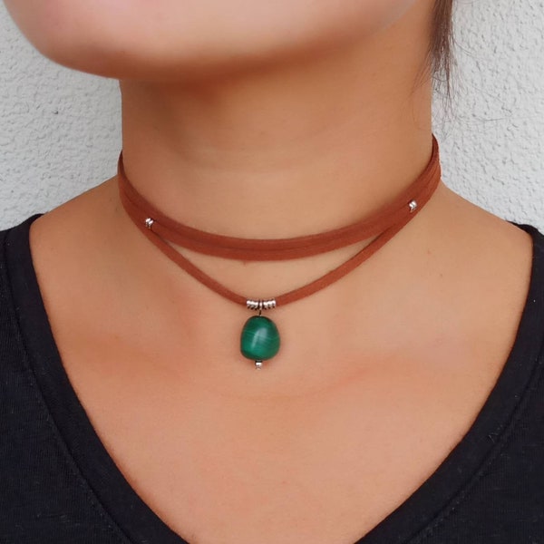 Malachite Choker Necklace Gemstone Faux Suede Stacking Layering