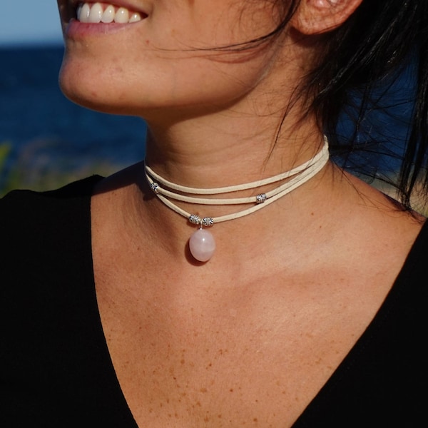 Rose Quartz Choker Necklace Healing Crystal Boho Love Stone Stacking Layering