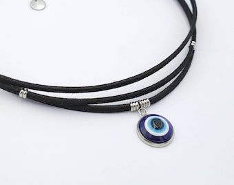 Blue Evil Eye Choker Necklace Talisman Protection Greek Eye Faux Suede Boho Silver Stacking Layering