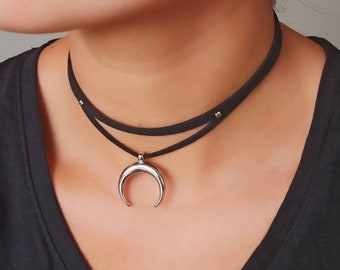 Half Moon Choker Necklace Crescent Moon Boho Celestial Faux Suede Festival Stacking Layering