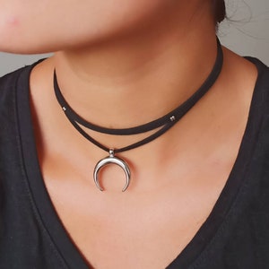 Half Moon Choker Necklace Crescent Moon Boho Celestial Faux Suede Festival Stacking Layering