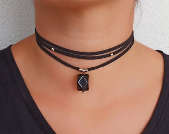 Obsidian Choker Necklace Black Stone Crystal Boho Stacking Layering
