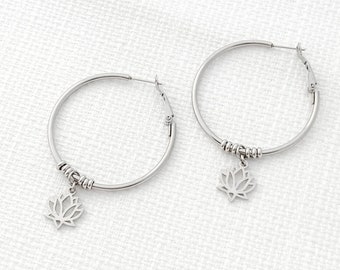 Lotus Flower Hoops Earrings Hoop Dainty Huggie Boho Yoga Silver Stainless Steel Dangle