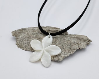 Plumeria Flower Necklace: White Shell Frangipani, Faux Suede Cord