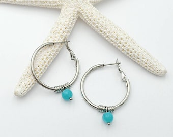 Amazonite Hoops Earrings Crystals Hoop Turquoise colour Blue Gemstone Stainless Steel