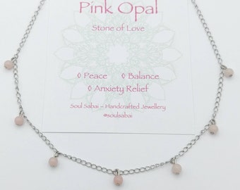 Pink Opal Necklace Boho Love Stone Silver Chain Dainty Stacking Layering