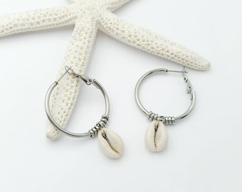 Cowrie Shell Earrings Hoops Huggie Hoop Ocean Mermaid Beach Dainty Stainless Steel