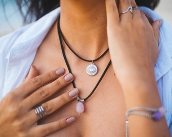 Evil Eye and Rose Quartz Necklace Layered Boho Faux Suede Stacking Layering