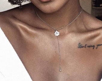 Lotus Flower Lariat Y Necklace Stainless Steel Chain Drop Stacking Layering