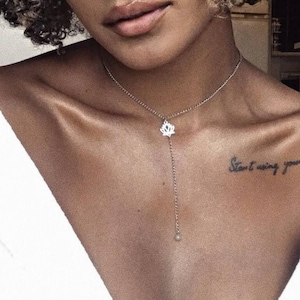 Lotus Flower Lariat Y Necklace Stainless Steel Chain Drop Stacking Layering