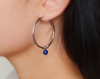 Lapis Lazuli Hoop Earrings Hoops Blue Stone Silver Hoops