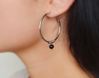 Obsidian Hoop Earrings Black Obsidian Hoops Healing Crystals Gemstone