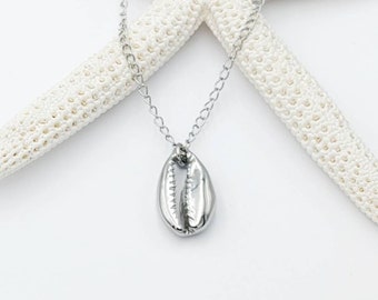 Silver Cowrie Shell Necklace: Stainless Steel Boho Beach Chain