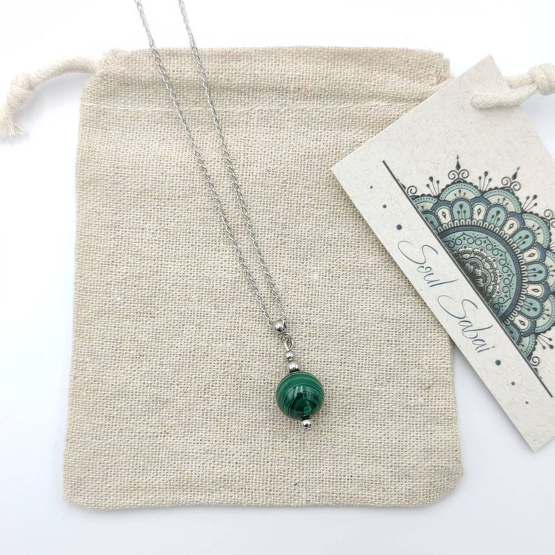 Round Natural Malachite Necklace Crystal Stone Gemstone Genuine Stainless Steel Stacking Layering