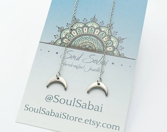 Stainless Steel Moon Threader Earrings: Crescent Chain Dangle