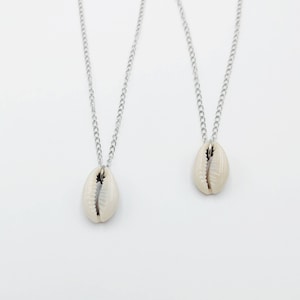 May include: Two silver chain necklaces with white cowrie shell pendants.