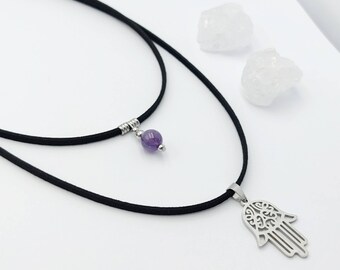 Hamsa Gemstone Necklace: Stainless Steel Hand of Fatima, Faux Suede