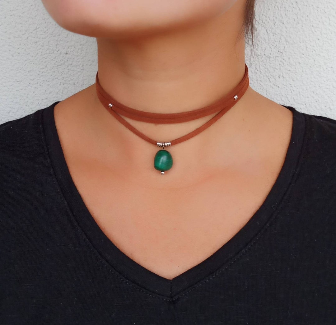 Malachite Choker Necklace Gemstone Faux Suede Stacking Layering - Etsy