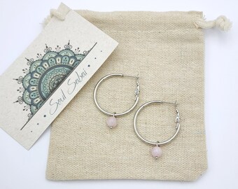 Rose Quartz Hoop Earrings: Stainless Steel Gemstone Hoops