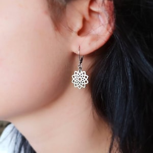 Mandala Flower Earrings Crown Chakra Geometric Minimalist Delicate Boho Silver Dangle Lotus Huggie