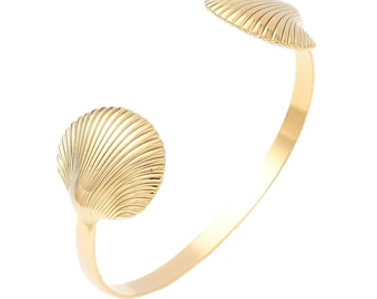 Gold Seashell Cuff Bracelet: 18k Gold Plated Stainless Steel, Coastal Jewelry