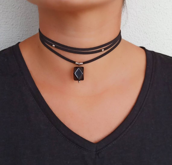 Obsidian Choker Necklace Black Stone Crystal Boho Stacking