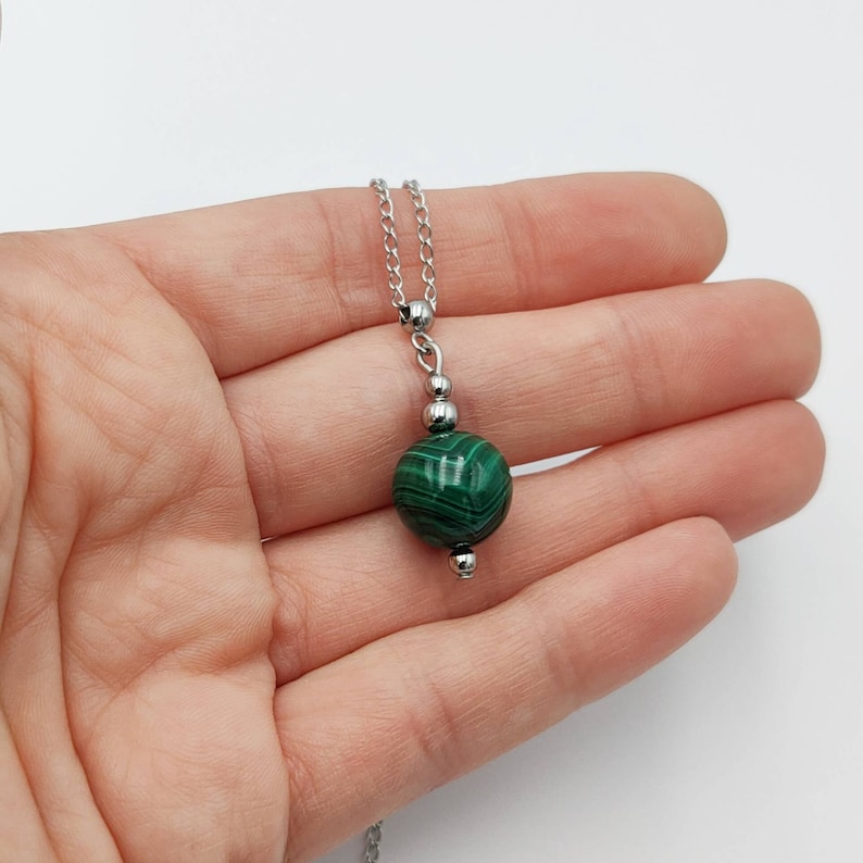 Round Natural Malachite Necklace Crystal Stone Gemstone Genuine Stainless Steel Stacking Layering