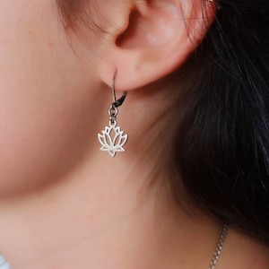 Lotus Flower Huggie Earrings  Boho Silver Minimalist Spiritual Yoga Meditation
