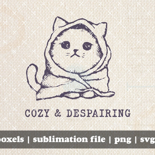 Cozy and Despairing Kitty Cat Kitten Wrapped in Blanket on the Ground Looking Tired Vintage Animal Sayings | Instant Download |  png svg