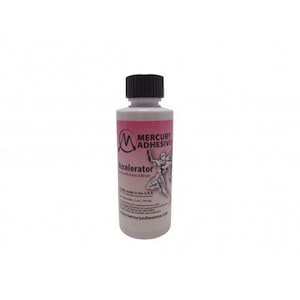 May include: A white bottle of Mercury Adhesive Accelerator. The bottle has a black cap and a pink label with the company logo and the text "Mercury Adhesive Accelerator".