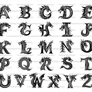 May include: A collection of black dragon-themed alphabet letters, from A to Z. Each letter features a detailed dragon design, with intricate scales and sharp features. The letters are displayed on a white background.