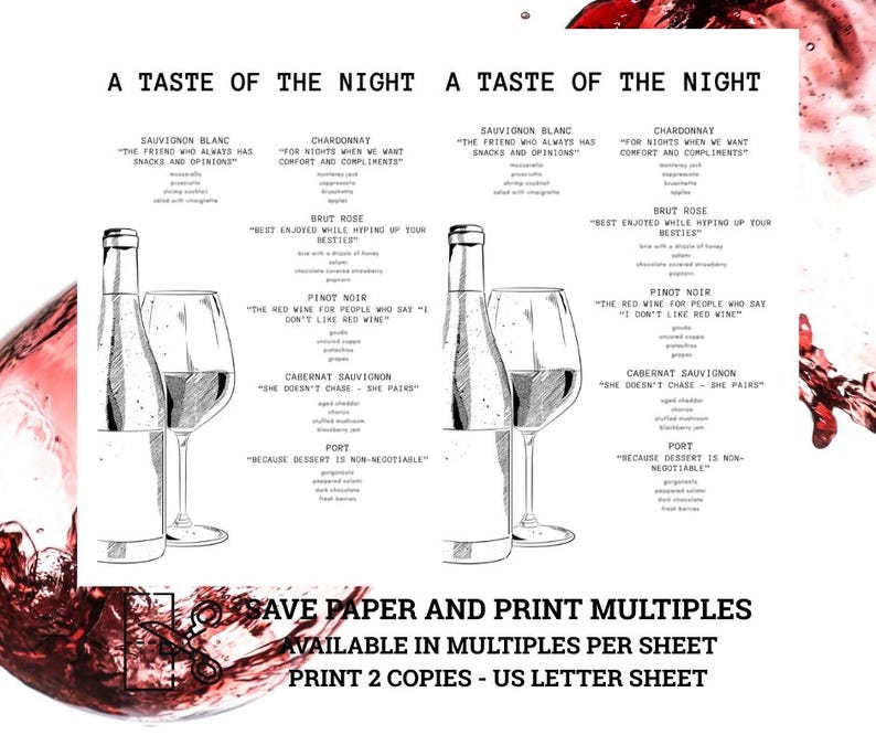 Wine Pairing Menu Template Design Editable File Digital Download Dinner ...