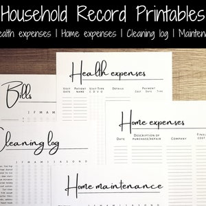 Printable Household Record Sheets: Bill tracker, Health expenses, Home expenses, Home maintenance log, & Cleaning log