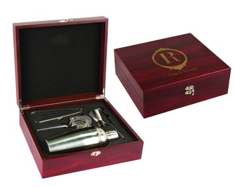 Personalized Martini Set Custom Monogrammed Cocktail Shaker Set Rosewood Gift Box Laser Engraved Case Wedding Anniversary Gift