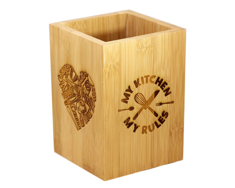 Personalized Kitchen Utensil Holder Bamboo Wood Engraved Etsy