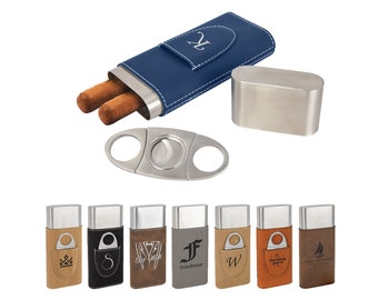 Father's Day Cigar Case, Leatherette Holder with Cutter Engraved Monogrammed Travel Cigar Case, Custom Groomsmen Gift, Fathers Day Gift