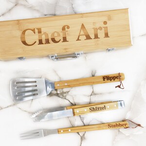 Fathers Day Gift Personalized Grill Set 3 Piece Customized BBQ Tools Engraved Wood Box Monogram Utensils Spatula Fork Tongs  Barbecue Gift