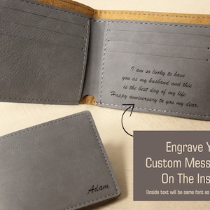 Día de los Padres Grabado Papá Regalo Cartera de hombre, Cartera de cuero grabado personalizado, Regalo de hombre único Bifold cartera delgada, cartera del padrino