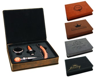 Fathers Day Personalized Wine Tool Gift Set Custom Engraved Leatherette Monogrammed 4 Piece Wine Tool Set Wedding Anniversary Groomsmen Gift