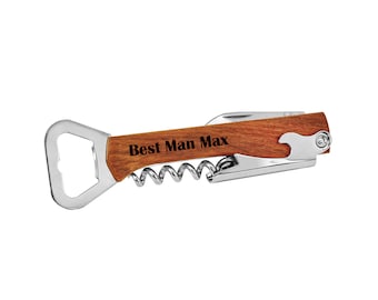 Father's Day Personalized Wood Bottle Opener Engraved Wine Corkscrew Fold Out Knife Custom Groomsmen Gift