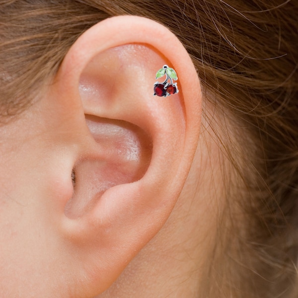 316L Surgical Steel, 925 Sterling Silver Ear Cartilage Helix Tragus Stud Earring Ring Jewelry Cherries 16G