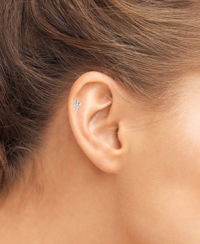 Tragus piercing Helix oreja cruz Cross con circonita cristales piedras arete