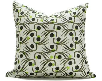 Jenny San Martin Design - Pillow in Whiskers | Dusk Fabric - Designer Pillow - Green, Gray and White Contemporary Pattern