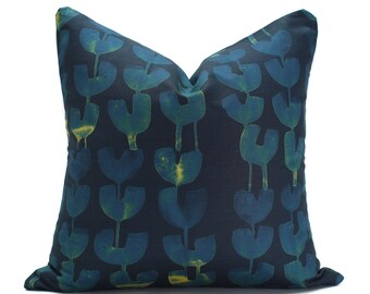 Jenny San Martin Design - Pillow in Tulips | Winter Blues - Designer Pillow - Blue-Green and Navy Blue Contemporary Pattern