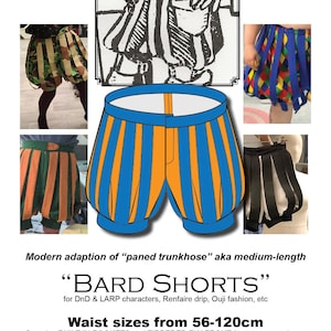 Puede incluir: Imagen que muestra varios estilos de "Bard Shorts", una adaptación moderna de calzas con paneles. Los pantalones cortos son de rayas azules y naranjas, con ejemplos adicionales en camuflaje, verde y naranja, y negro. El texto indica tallas de cintura de 56-120cm.